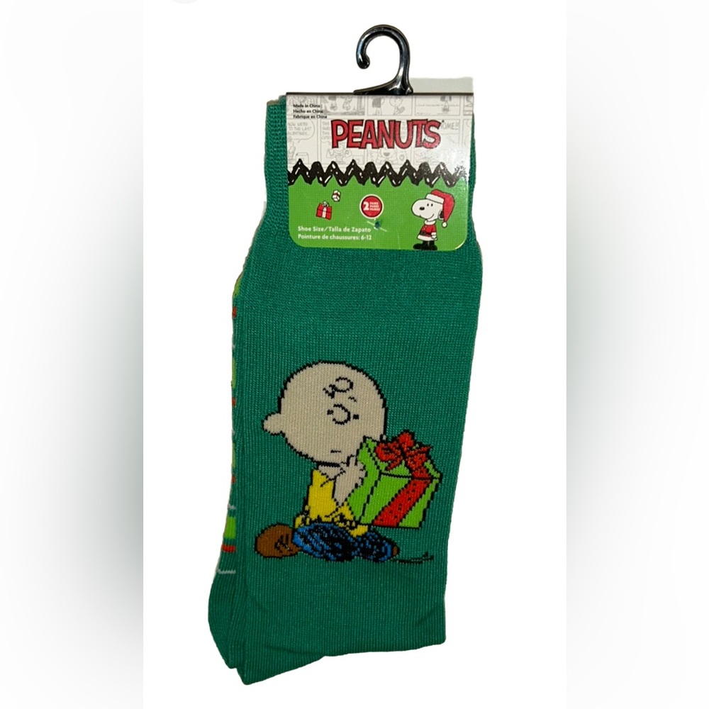 Peanuts Charlie Brown Snoopy Woodstock Crew Socks 1Pair Men 6-12 Green Christmas